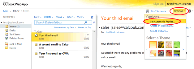 Setting Automated Replies in Outlook Web App