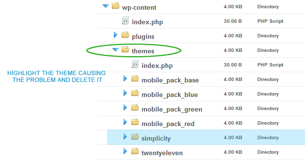 Deleting a broken wordpress theme in the file manager