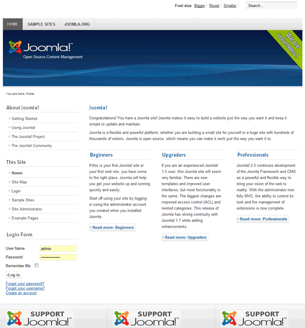 Joomla default install