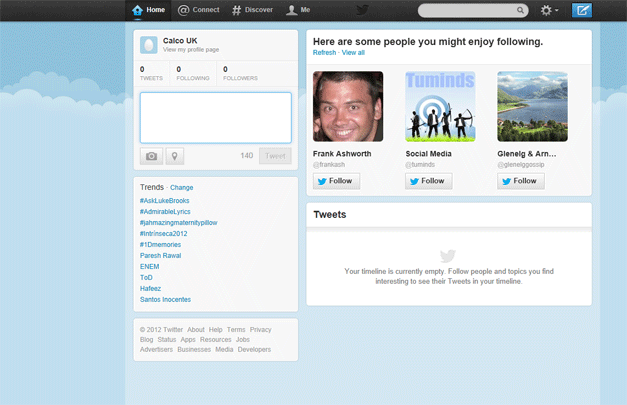 Twitter set-up. What your account first looks like and where the buttons are