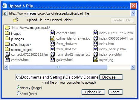 Uploading a File : the select file dialogue box