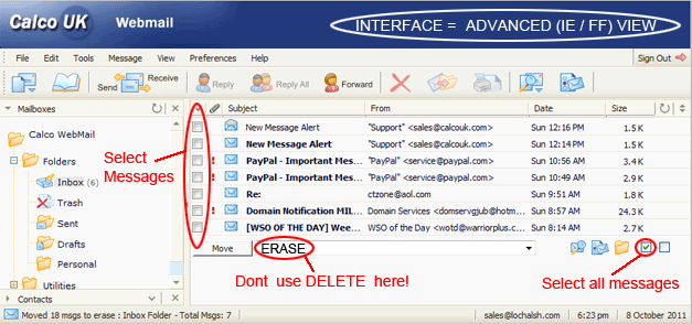 Webmail Selection and Erase functions
